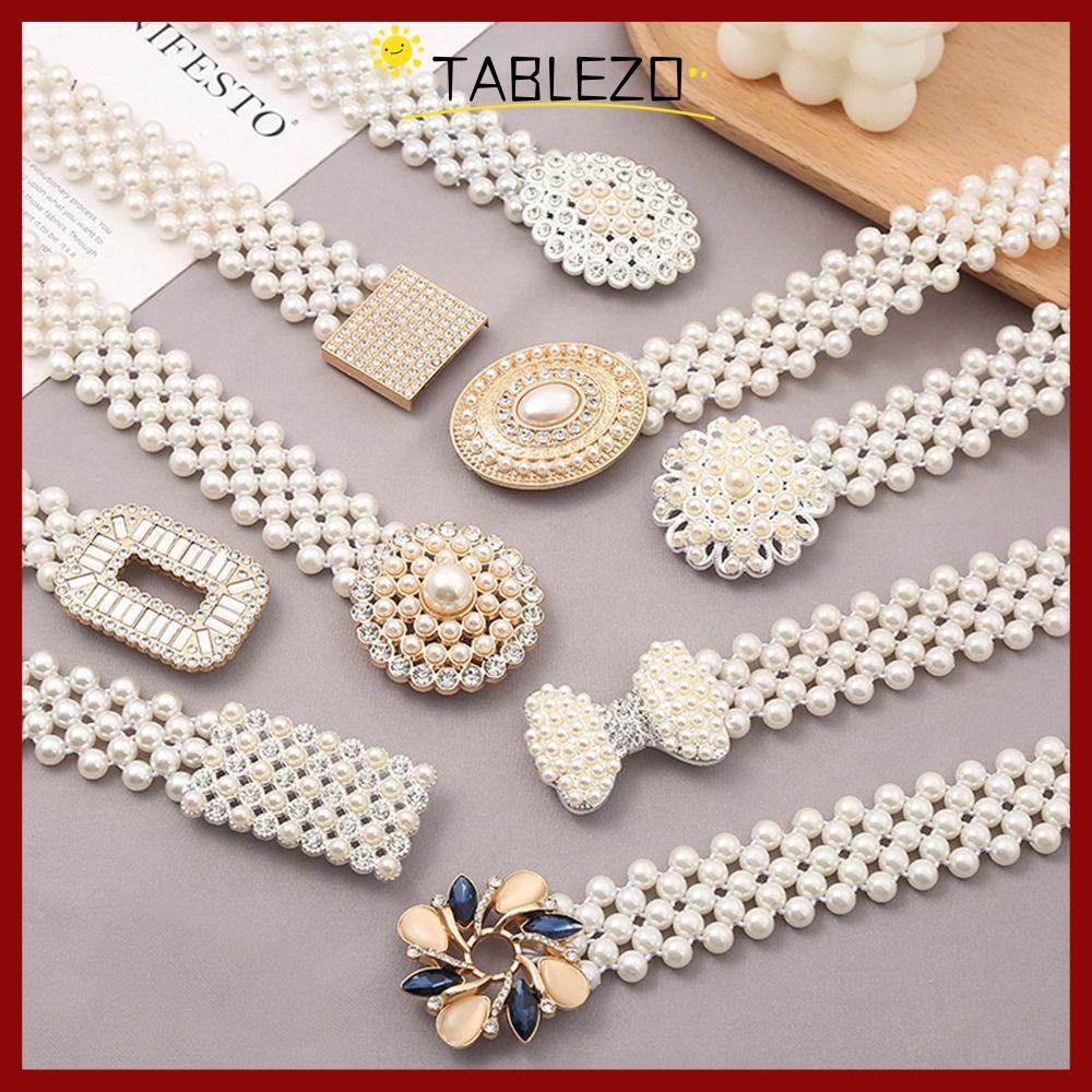 TABLEZO Rhinestone เข็มขัด มุกและยืดหยุ่น สำหรับสุภาพสตรี