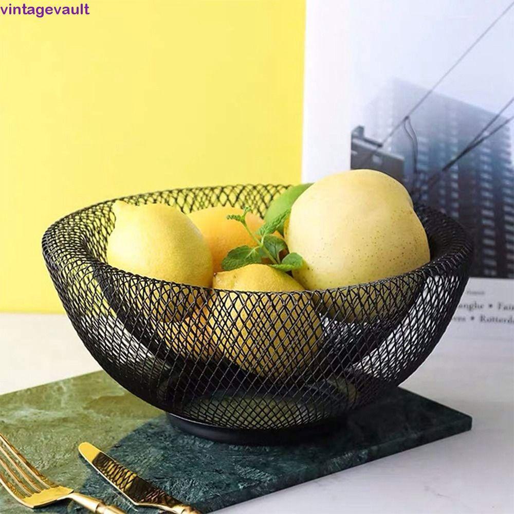 VINTAGEVAULT Iron Art Fruit Basket, Black/Gold Round Mesh Fruit Snacks Basket, Nordic-Style Decorati