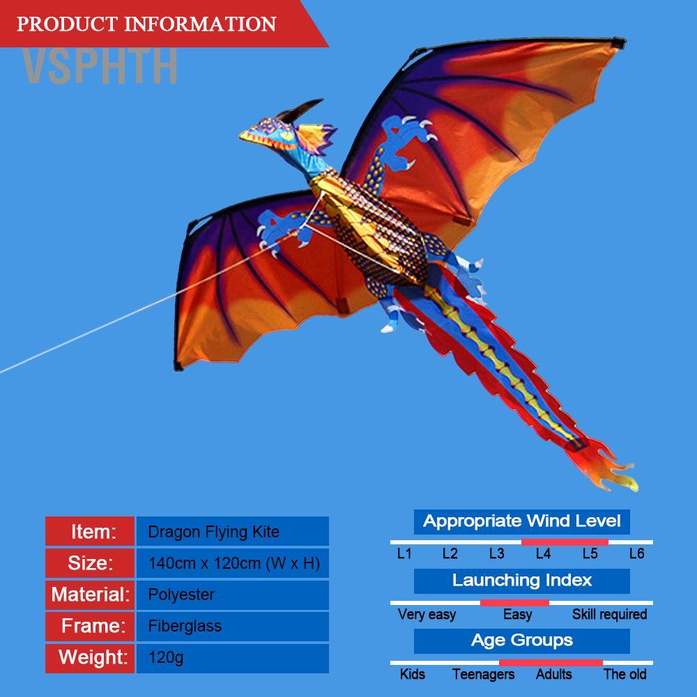 vsphth 140 ซม. x 120 ซม./55 47 นิ้ว Dragon Kite Single Line บินพร้อมหาง 100 m สำหรับเด็กผู้ใหญ่