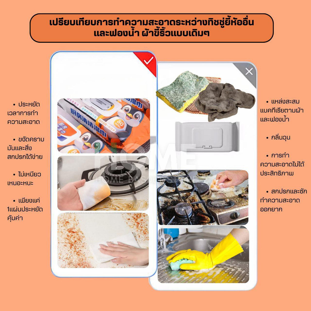 แผ่นทำความสะอาดครัว(1ห่อ/80แผ่นหนาใหญ่) ทิชชู่เช็ดคราบมัน ทิชชู่เปียกทำความสะอาด ผ้าเช็ดทำความสะอาด - รูปที่ 4