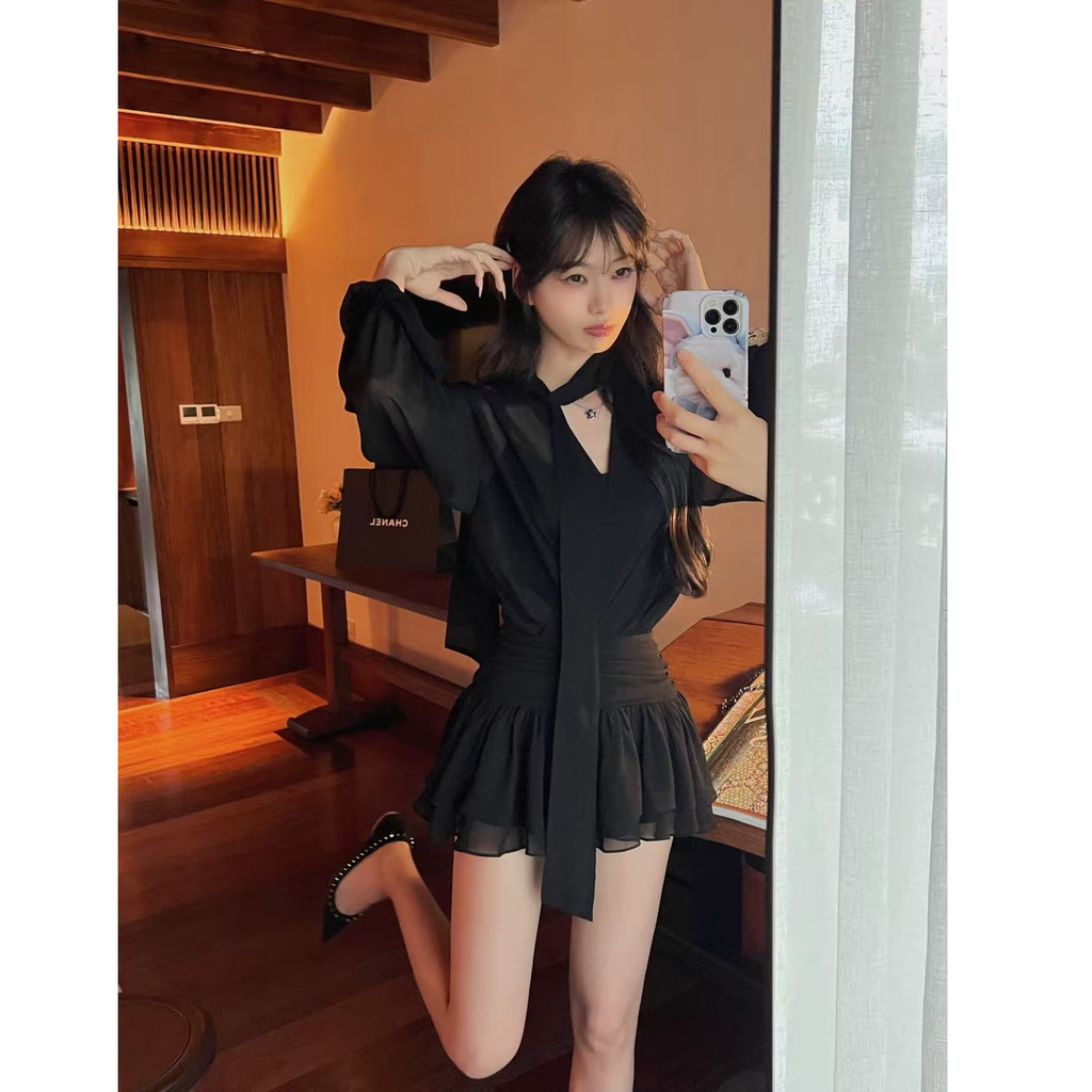 ชุดสั้นชีฟองSlimmer สไตล์ใหม่ V คอดлин เหมาะสำหรับฤดูร้อน