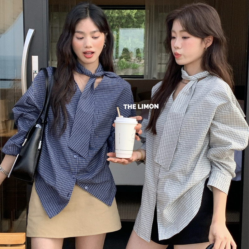 Dahong 🔥99302 เสื้อเชิ้ตผู้หญิงแขนยาว คอวี ลายสก๊อต  ผ้าดี ทรงหลวม  แฟชั่นของผู้หญิง