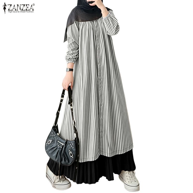 ZANZEA ผู้หญิงมุสลิม Office Casual Stand คอโคมไฟแขน Stripe Pleats Splicing Maxi A-Swing Dresses