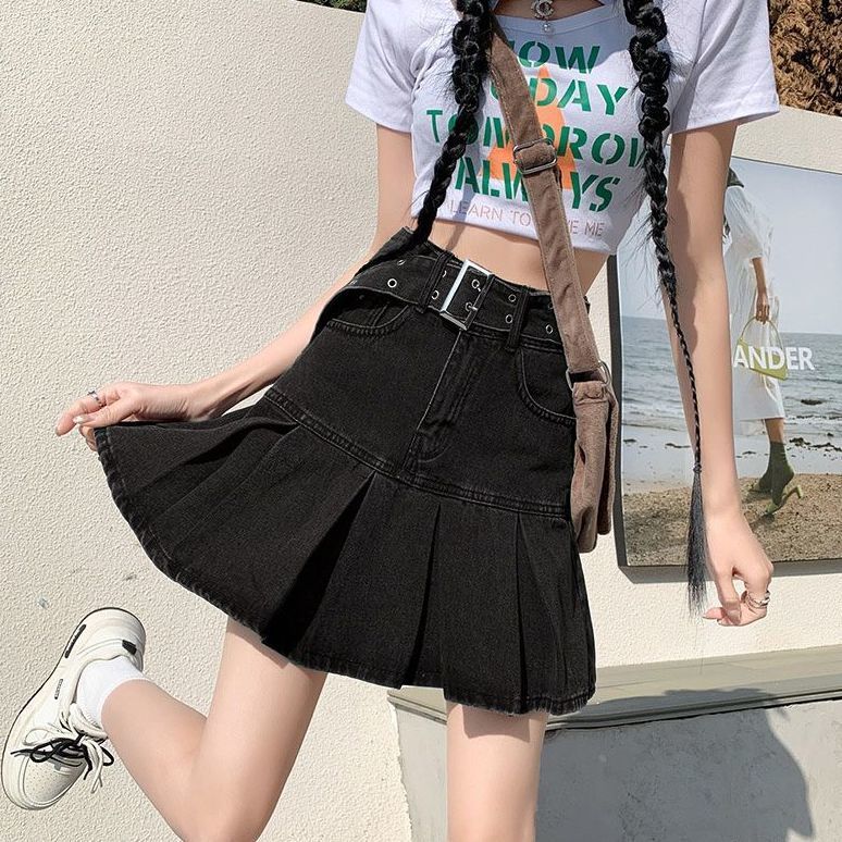 Sweet Hot Girl จีบ Denim กระโปรงสั้นหญิงฤดูร้อน ins สไตล์ใหม่เอวสูง Slimmer ดูสะโพก-Packed A-Line กระโปรงครึ่ง @-