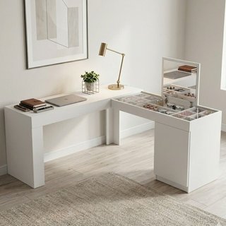 Escrivaninha Mesa Escritório Penteadeira de Canto com Espelho Star 1 Porta 136cm Branca Branco