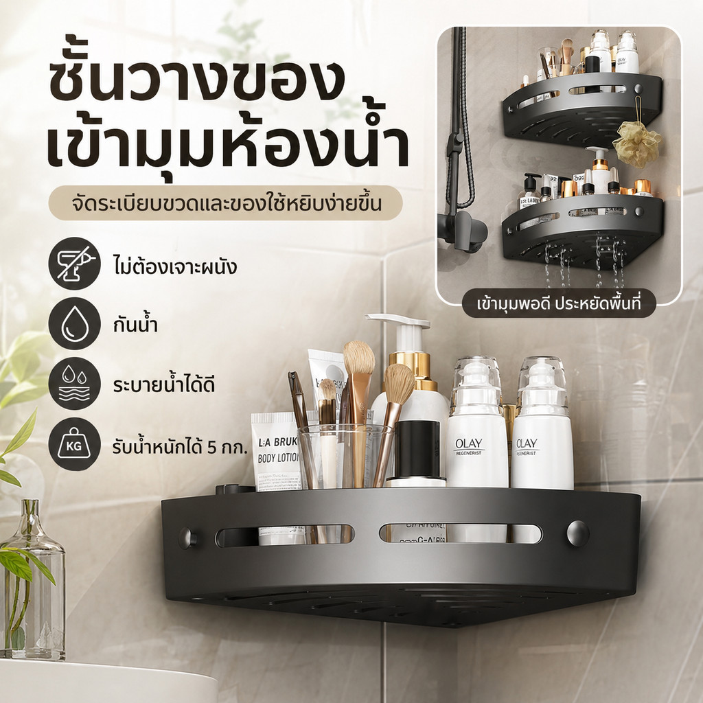 ชั้นวางห้องน้ำ ไม่เจาะรู ประหยัดพื้นที่ วางสบู่แชมพู ติดตั้งง่าย ทนทาน