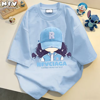 【จัดส่งตลอด 24 ชั่วโมง】NFV สไตล์เกาหลี💙เสื้อยืด ระบายอากาศ Oversized ลายพิมพ์การ์ตูนหญิง สะดวกสบาย ผ้าฝ้าย100% YG3866