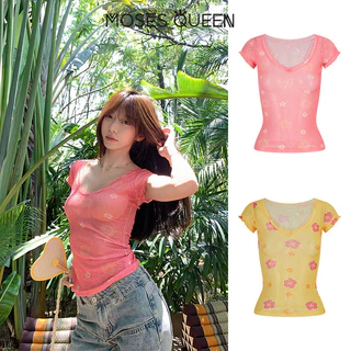 < MOSESQUEEN > มอสส์ ราชินี เสื้อเชิ้ตแขนสั้นลายดอกไม้สีชมพูช่วงวันหยุดสไตล์ฝรั่งเศสพร้อมเสื้อยืดคอปกคอวีและสัมผัส #63693