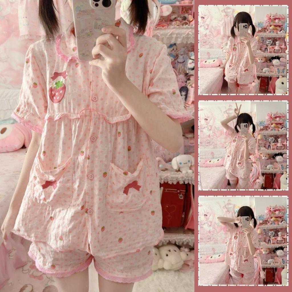Pink 2-piece women's pajama set Lapel short-sleeved top and shorts, new fashionable, versatile, and cute loungewear set.