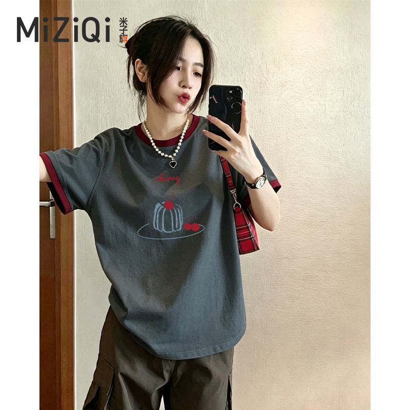 [MIZIQI] เสื้อยืดแขนสั้นผ้าฝ้ายแท้สีตัดกันผู้หญิง, หลวม Slimmer ดูผู้หญิงด้านบน