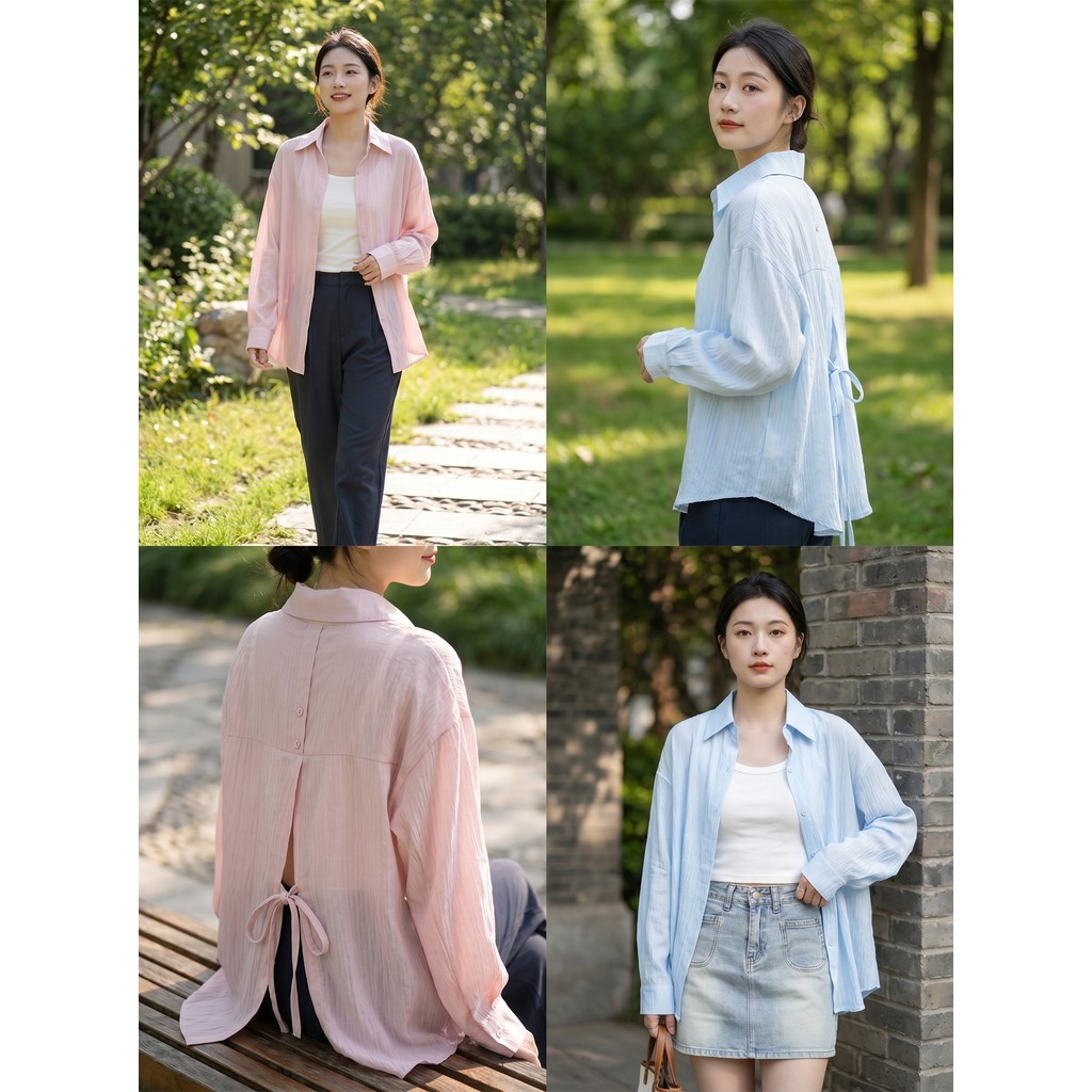 MCB102 เสื้อเชิ้ตทรงหลวม คอปกแขนยาว ดีไซน์ผ่าหลัง ผูกโบว์สุดน่ารัก ใส่คลุมกันแดดได้สบายๆ เหมาะกับวัน