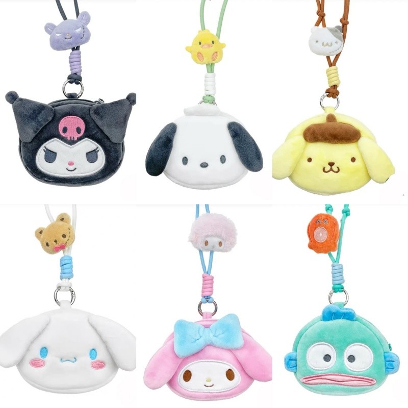 Kawaii Sanrio Lanyard Plush กระเป๋าใส่เหรียญ Hello Kitty Melody Kuromi Hangyodon น่ารัก Crossbody เด็กเก็บกระเป๋า