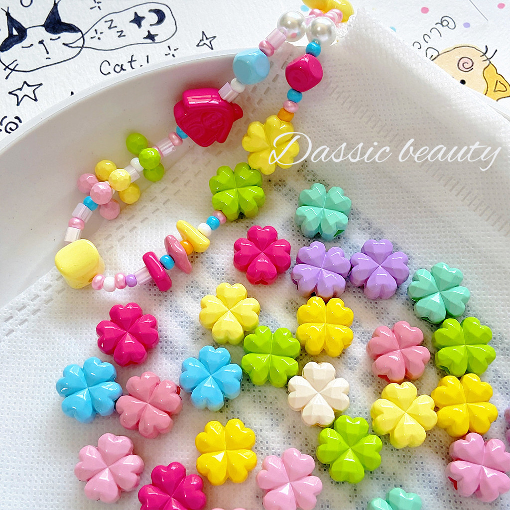 ลูกปัดอะคริลิกรูปมาการอง ลูกปัดน่ารักรูปใบโคลเวอร์สี่แฉก วัสดุ DIY สำหรับทำจี้