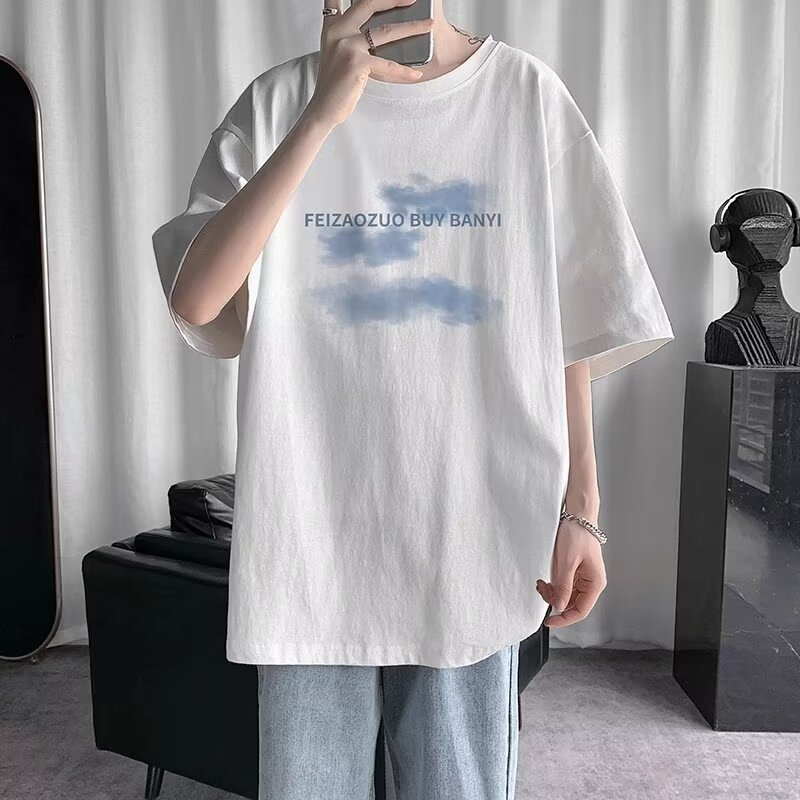 2026 เสื้อยืดแขนสั้นผู้ชาย Street Wear ฤดูร้อนหลวมครึ่งแขน 2025 สไตล์ใหม่ Influencer Trend ins พิมพ์