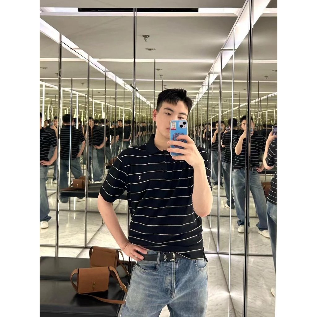 2025新款SaintLaurent Strip StripedPOLO ฟังก์ชั่นคู่โปโลเสื้อยืดแขนสั้น