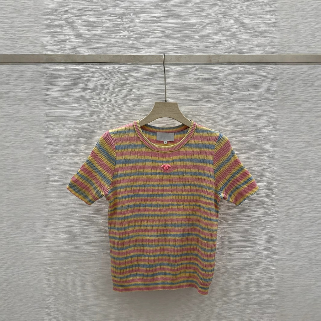 REXE CHA# Spring Summer New Striped Short Sleeve Rainbow Knit Top for Women Thin Summer Slimming Top