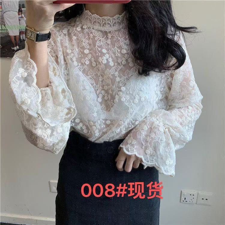 แขนยาวอารมณ์สาวร้อนลูกไม้ จุดต่ําสุด เสื้อผู้หญิงสไตล์ใหม่ซีทรูผ้าโปร่งด้านบนประณีตกลวงนางฟ้าเสื้อชีฟอง 3ชม.ม