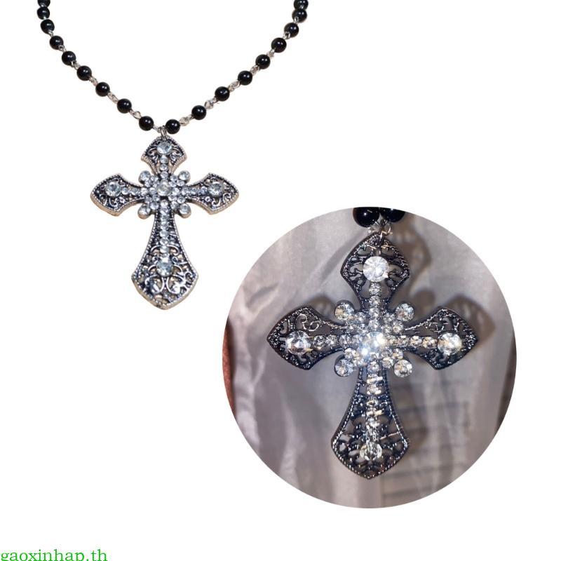 Gaoxinhap Gothic Beaded Cross Necklace Cross Choker Necklace Crucifix จี้สร้อยคอ