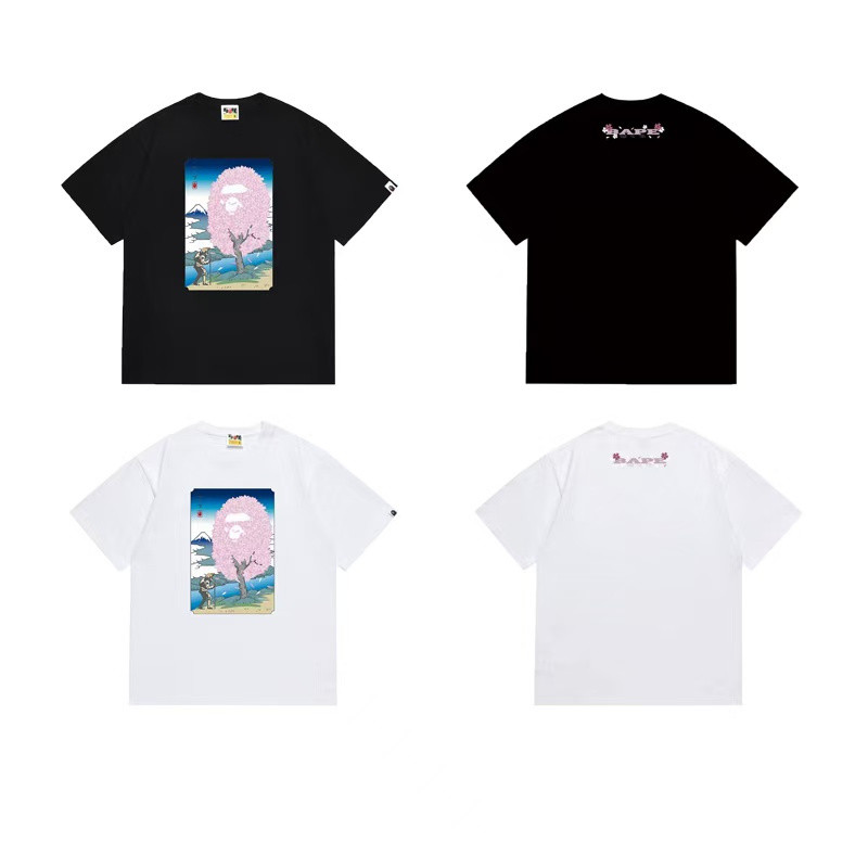 คุณภาพสูงผู้ชายและผู้หญิงผ้าฝ้ายเสื้อยืด Cherry Blossom Ape Head เสื้อแขนสั้นเสื้อแฟชั่น Tees Unisex