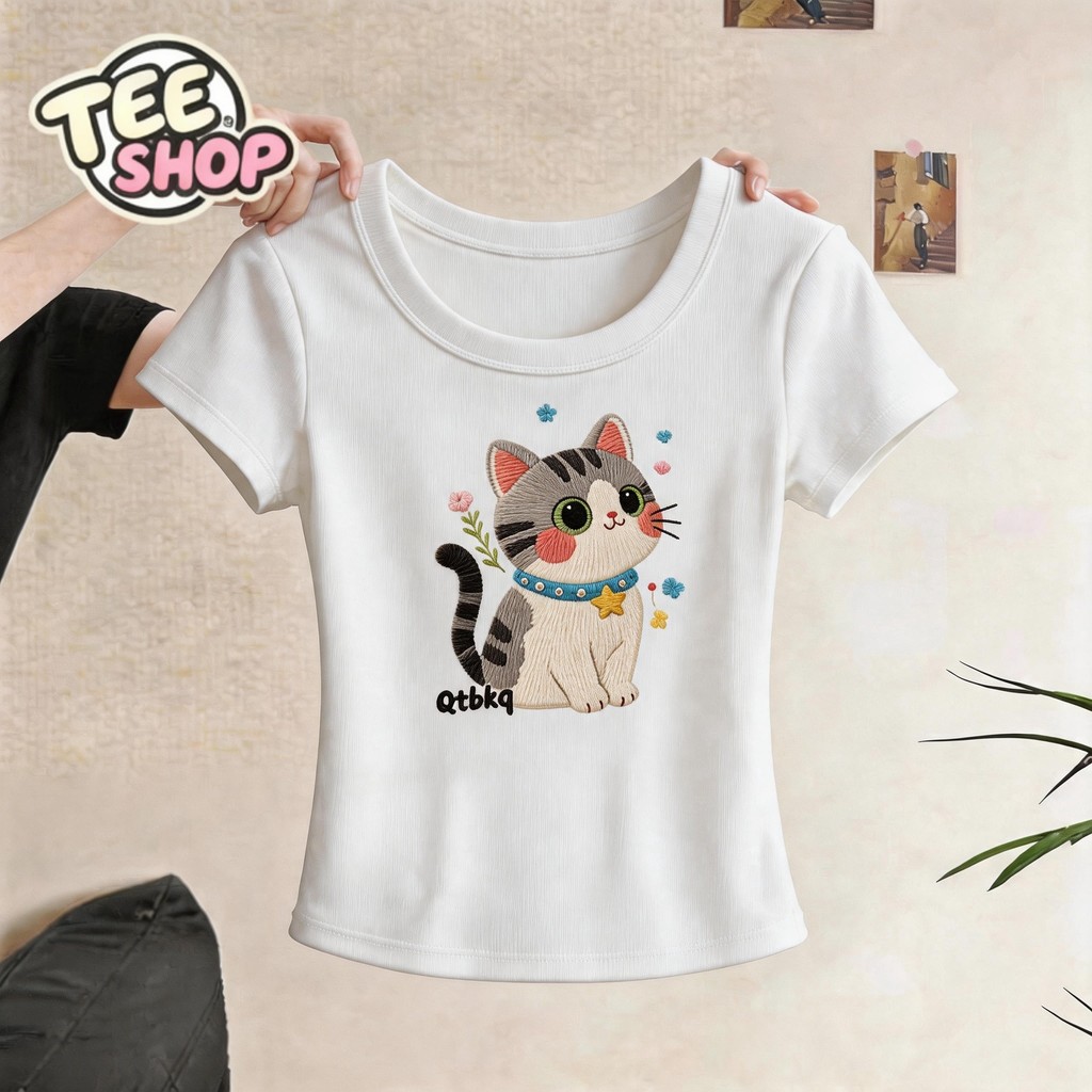 TEE·SHOP baby tee เสื้อเท่ๆ เกาหลี เสื้อยืดผู้หญิง " Cartoon Cat "ตัวฟิตกระชับสัดส่วน ผ้านิ่มใส่สบาย COD