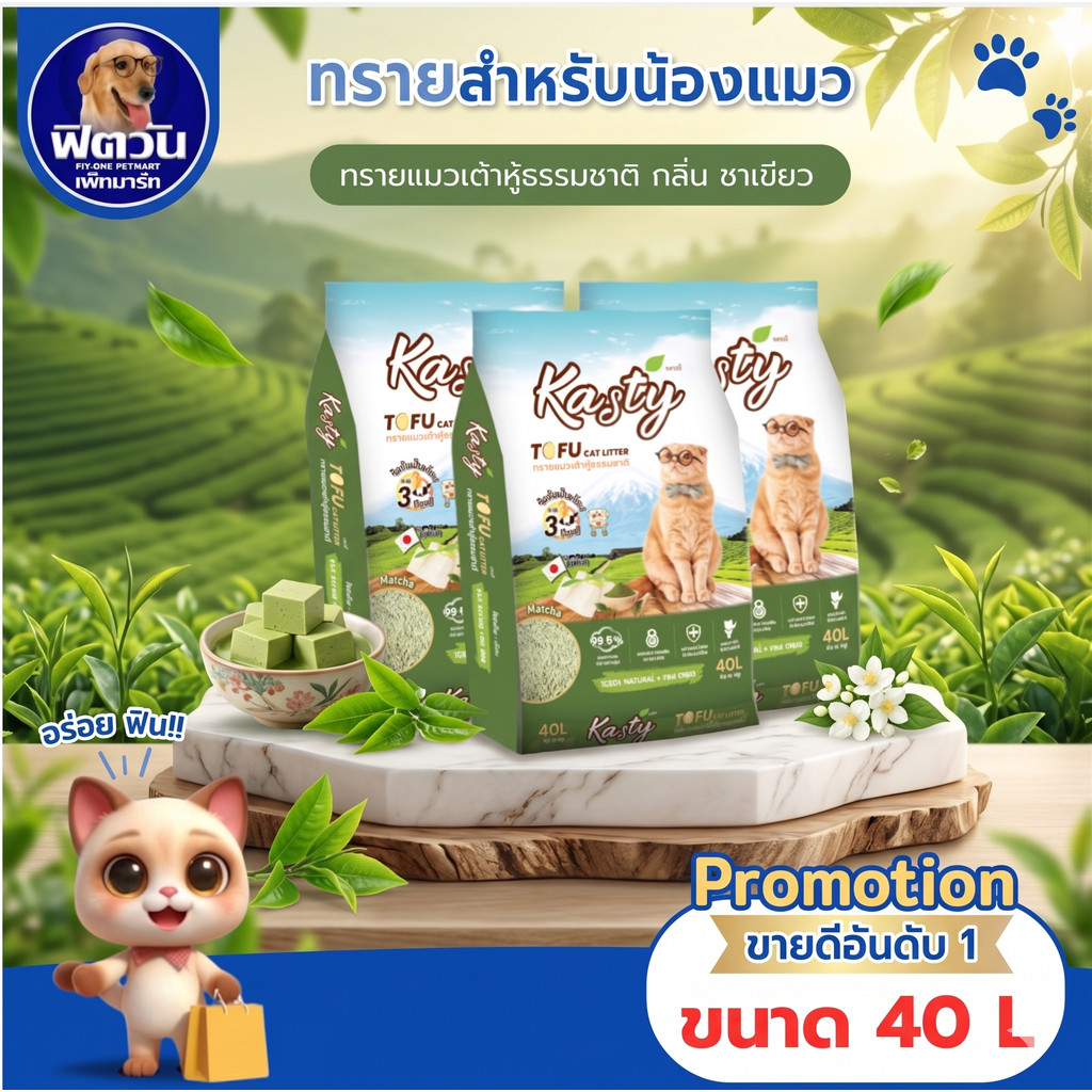 Kasty Tofu Litter ทรายเเมวเต้าหู้ธรรมชาติ สูตร Matcha 40 ลิตร{ทรายแมว}