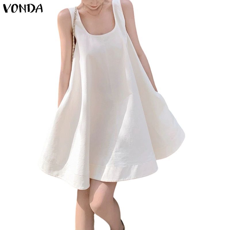 VONDA ผู้หญิงเกาหลี Advanced Party U คอแขนกุดธรรมดาเหนือเข่า A-Ruffles Tanks ชุดเดรส