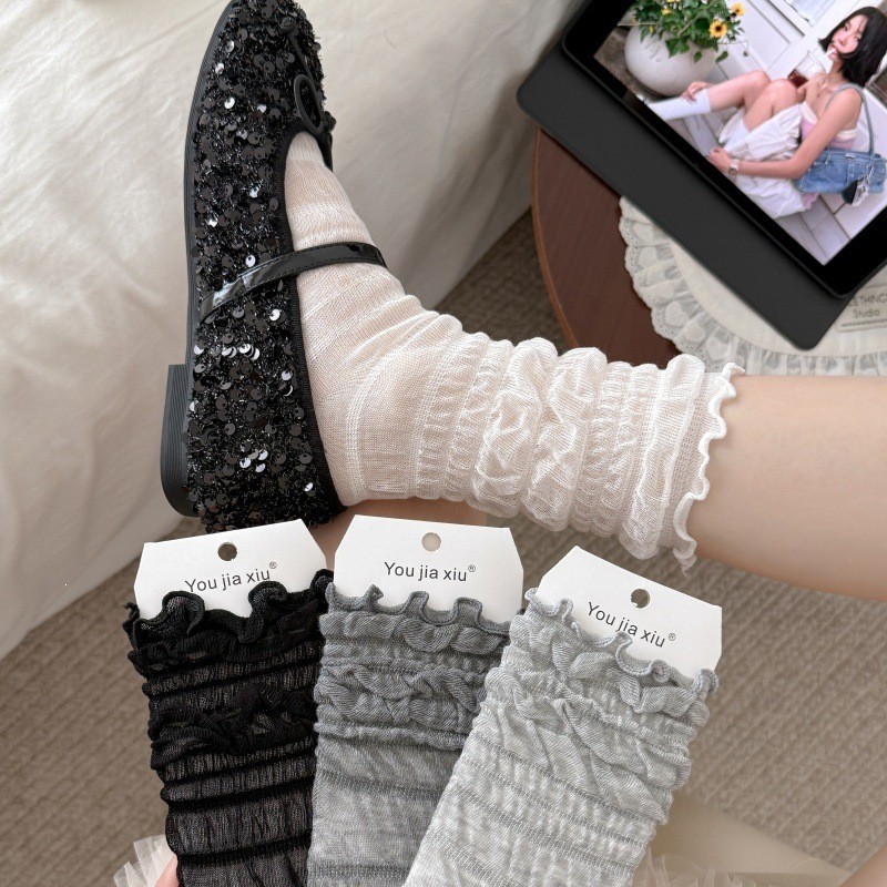 Spring Summer Boneless Mulberry Silk Hollow Mesh Bubble miu Series Mid-tube Womens Socks Women