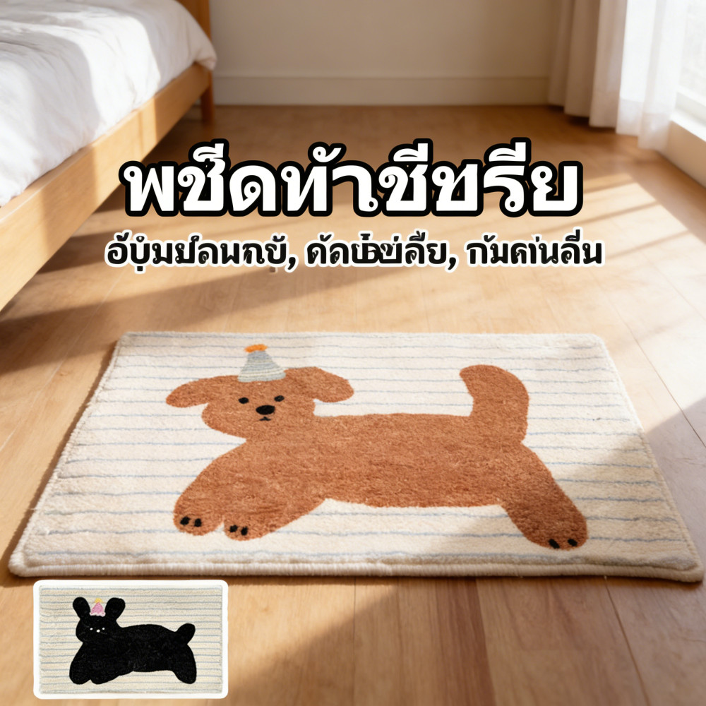 พรมห้องนอน พรมเช็ดเท้า ดูดน้ำดี น้องหมาคัชชุน พรมน่ารัก พรมข้างเตียง กันลื่น สไตล์เกาหลี