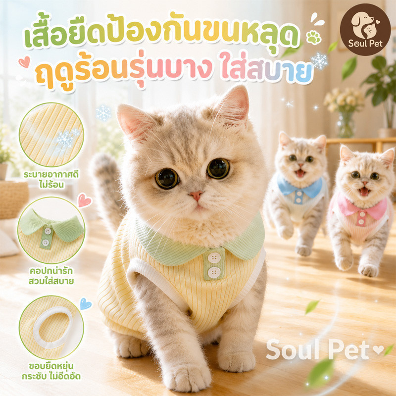 ชุดแมวแฟชั่น เสื้อหมา ชุดหมาสดชื่น เสื้อคอปก เสื้อยืดลายสัตว์เลี้ยง สวมใส่และถอดออกได้ง่าย