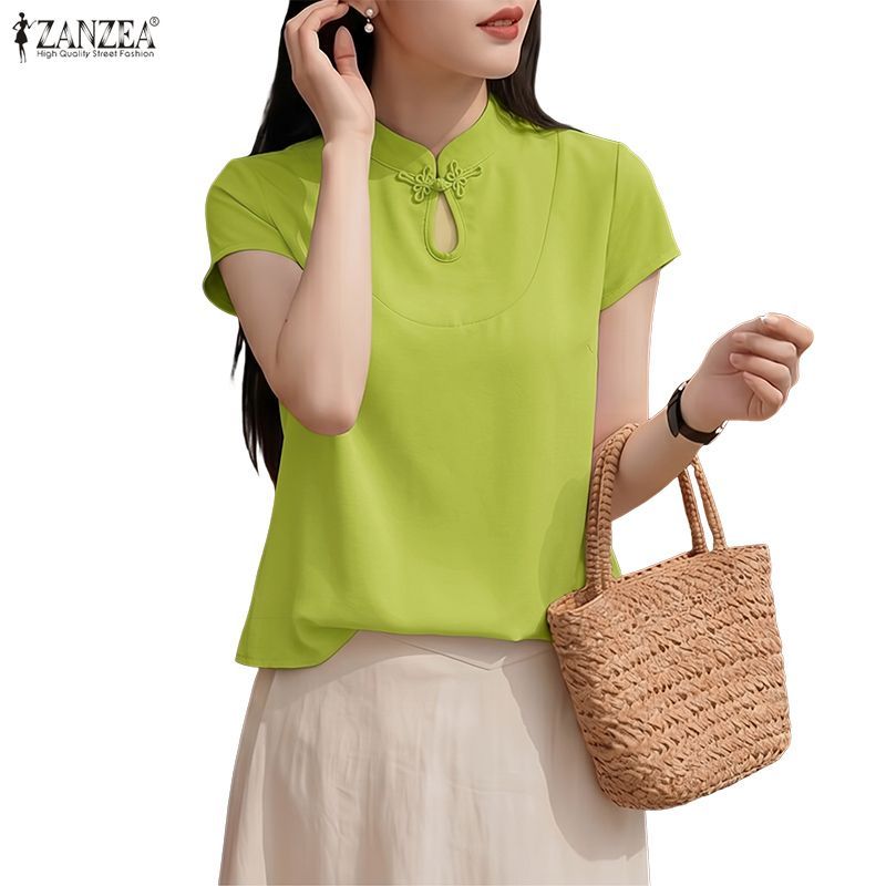 ZANZEA ซานเซีย ผู้หญิงแฟชั่นใหม่สไตล์จีนลําลองคอตั้งเสื้อแขนสั้น