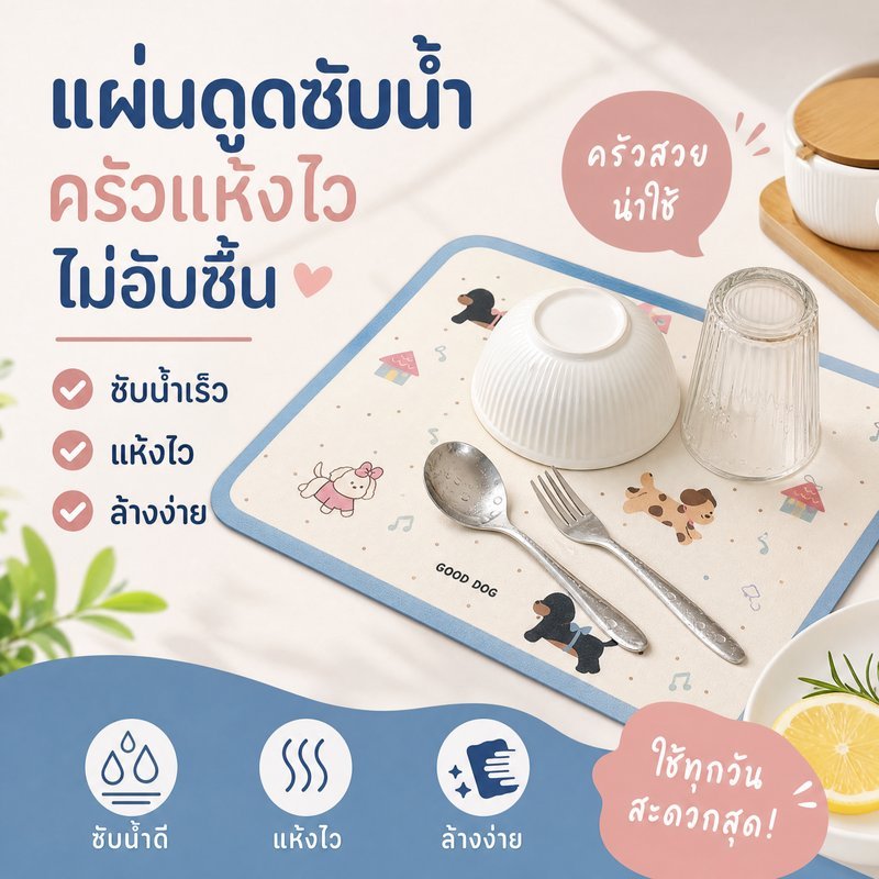 แผ่นดูดซับน้ำ แผ่นรองจาน แผ่นรองแก้ว ดิอะตอมไมต์ กันลื่น ซับน้ำเร็ว ห้องครัว โต๊ะอาหาร