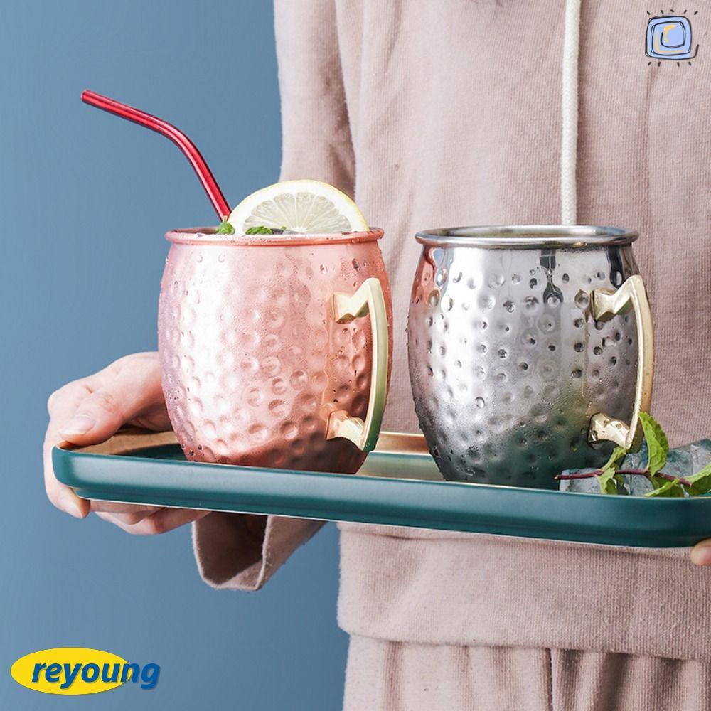 REYOUNG ถ้วยทองแดงบริสุทธิ์, Moscow Mule 500ml ถ้วยแก้ว,พร้อมที่จับโลดที่แข็งแกร่งงานฝีมือแปรงลักษณะ