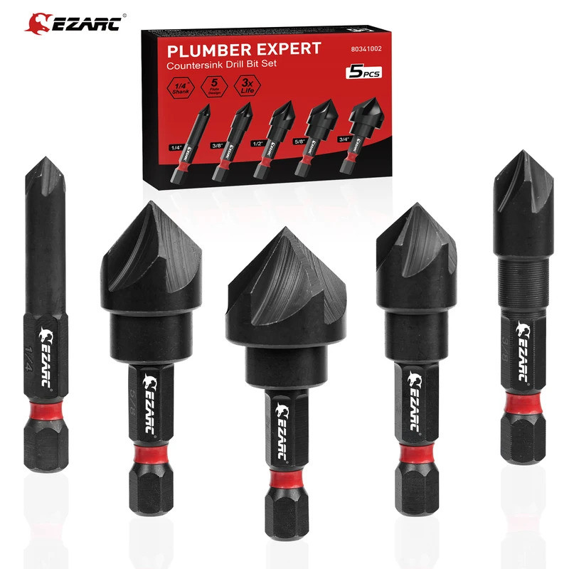 EZARC 5PCS Countersink Drill Bit Set for Metal, 1/4 Inch Hex Shank Countersunk Bits 82 Degree 5 Flut