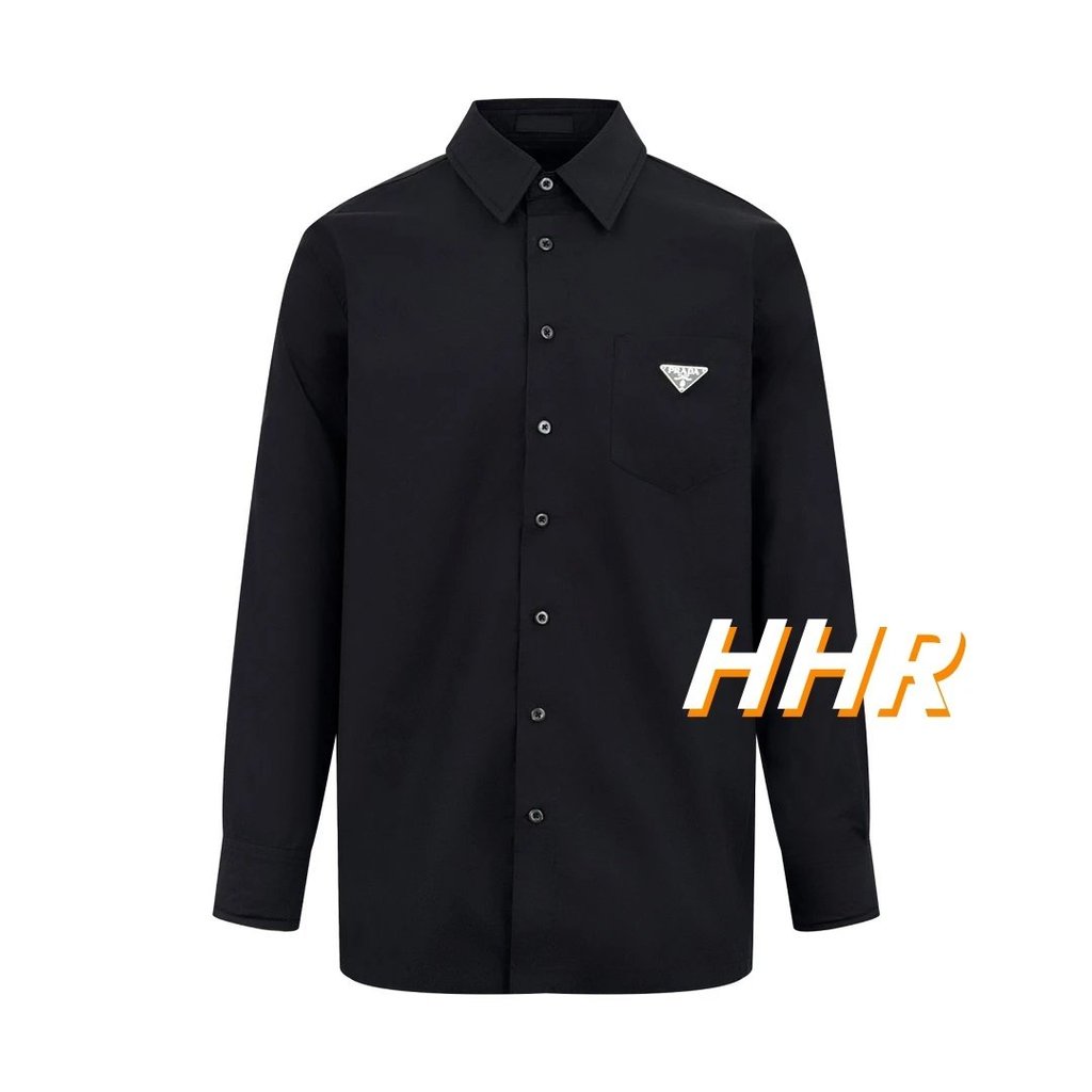 [เวอร์ชั่นที่ถูกต้อง] Pr @ da/Prada Pocket Triangle Logo Long-Sleeved Shirt Lapel Jacket Casual All-