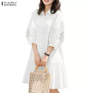 ZANZEA ชิลด์เดรสผู้หญิงสไตล์เกาหลี Gentle Chic กับดีไซน์คอหักระบายแบบ A-line และแขนยาว 3/4 มีรายละเอียดงานปักลายรูฟเฟิลและเนื้อลูกไม้เปิดระบาย