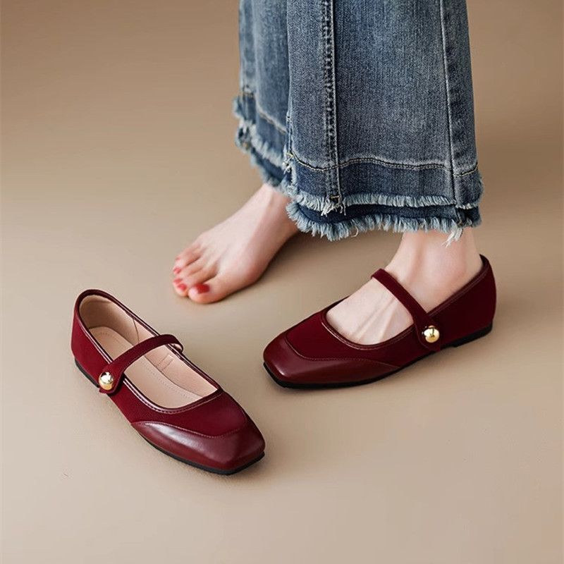 Shop Red 2025 รองเท้าไม่เหนื่อย Retro Handmade Mary Jane ฤดูใบไม้ผลิรอบ Toe ปั๊ม [สไตล์ใหม่สบาย] รอง