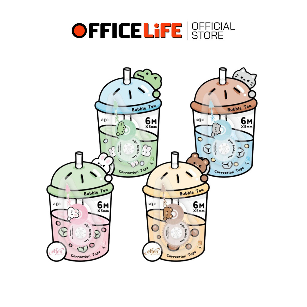 ELFEN (เอลเฟ่น) เทปลบคำผิด รุ่น BUBBLE TEA  ยาว 6 เมตร แบบกดเก็บหัวได้ ( 1 ชิ้น / คละสี )
