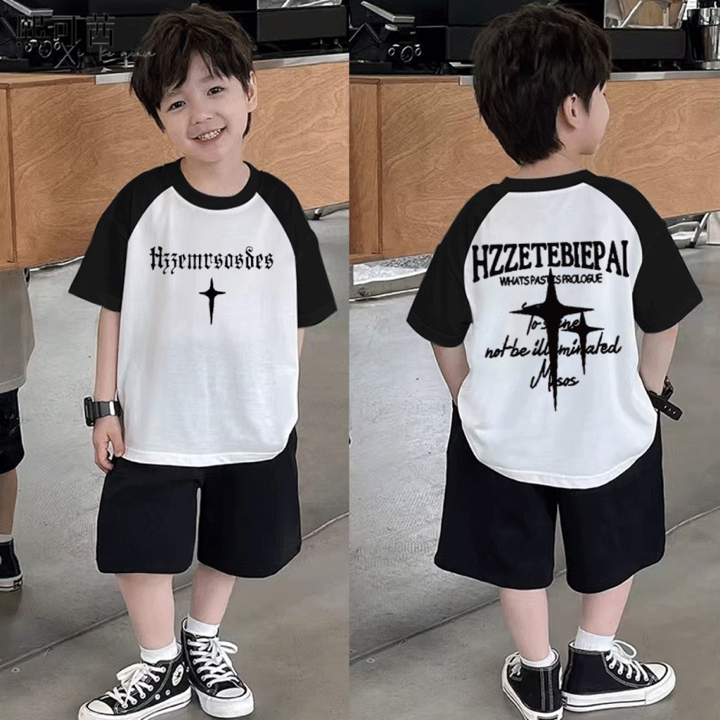 COD✅ 【ส่งในวันเดียวกัน】เสื้อยืดเด็ก  สีดำ ผ้าฝ้ายระบายอากาศดี ลายปลาลายเส้น 3-16 ปี ชาย-หญิง ทรงหลวม