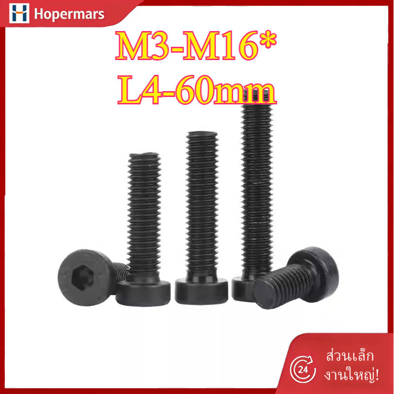อตดำ หัวจม เกรด 12.9 แข็งพิเศษ สกรูชุบแข็งดำ เกลียวมิล ตลอด M3/M4/M5/M6/M8/M10/M12/M16 * L4-60mm Hex Socket Head Cap Machine Screw (HA-LR-TH)