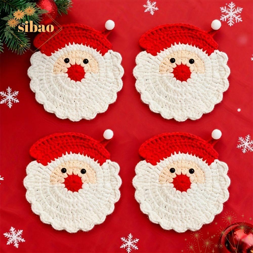 SIBAO ที่รองแก้วฉนวนคริสต์มาส, เสื่อถ้วยซานตาคลอสถัก, แผ่นรองโต๊ะการ์ตูนกันลื่นแฮนด์เมดน่ารักตกแต่งบ้าน