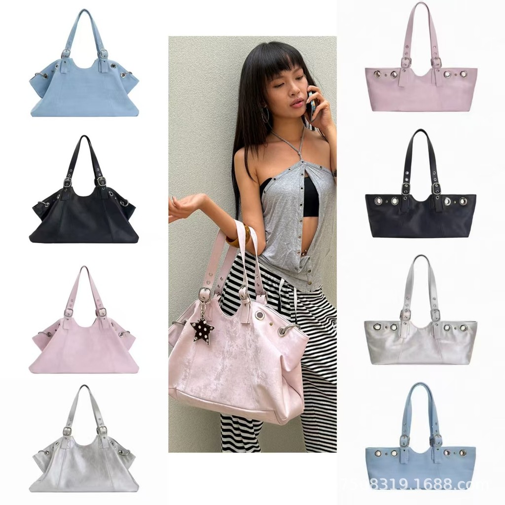 เกาหลี Niche Hieta Tote Bag Millennium Retro Hot Girl Rivets Denim แบบพกพากระเป๋าสะพายความจุขนาดใหญ่