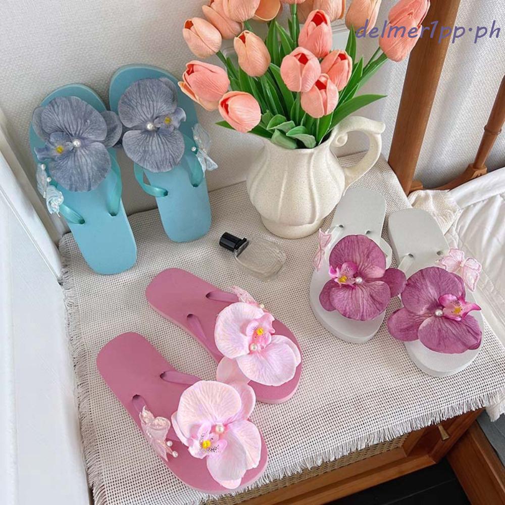 DELMERHOME Flower Flip Flops, Vacation Beach Moth Orchid Sandals, Fashion Waterproof Flat Shoes Butt