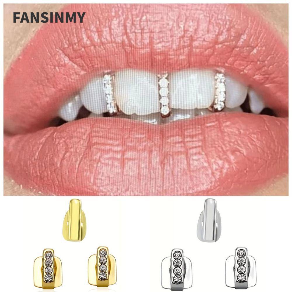 FANSINMY 3 ชิ้น Grillz, Rhinestone เงาเพทาย Hip Hop ฟัน Grillz, Hollow ฟันหมวกคอสเพลย์