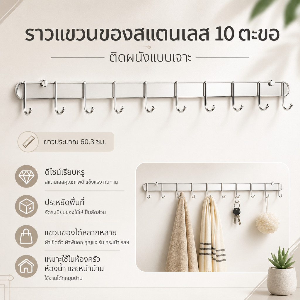 ที่แขวนของสแตนเลส 10ตะขอ ติดผนัง แบบเจาะ ที่แขวนผ้า 10ช่อง ราวแขวนของ  DBY054