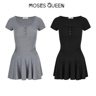 MOSESQUEEN ชุดเดรสแขนสั้นเข้ารูปมีรอบเอวและทรงเอจับจีบ สร้างรูปลักษณ์ของการกระชับสัดส่วน กระโปรงสั้น #63641