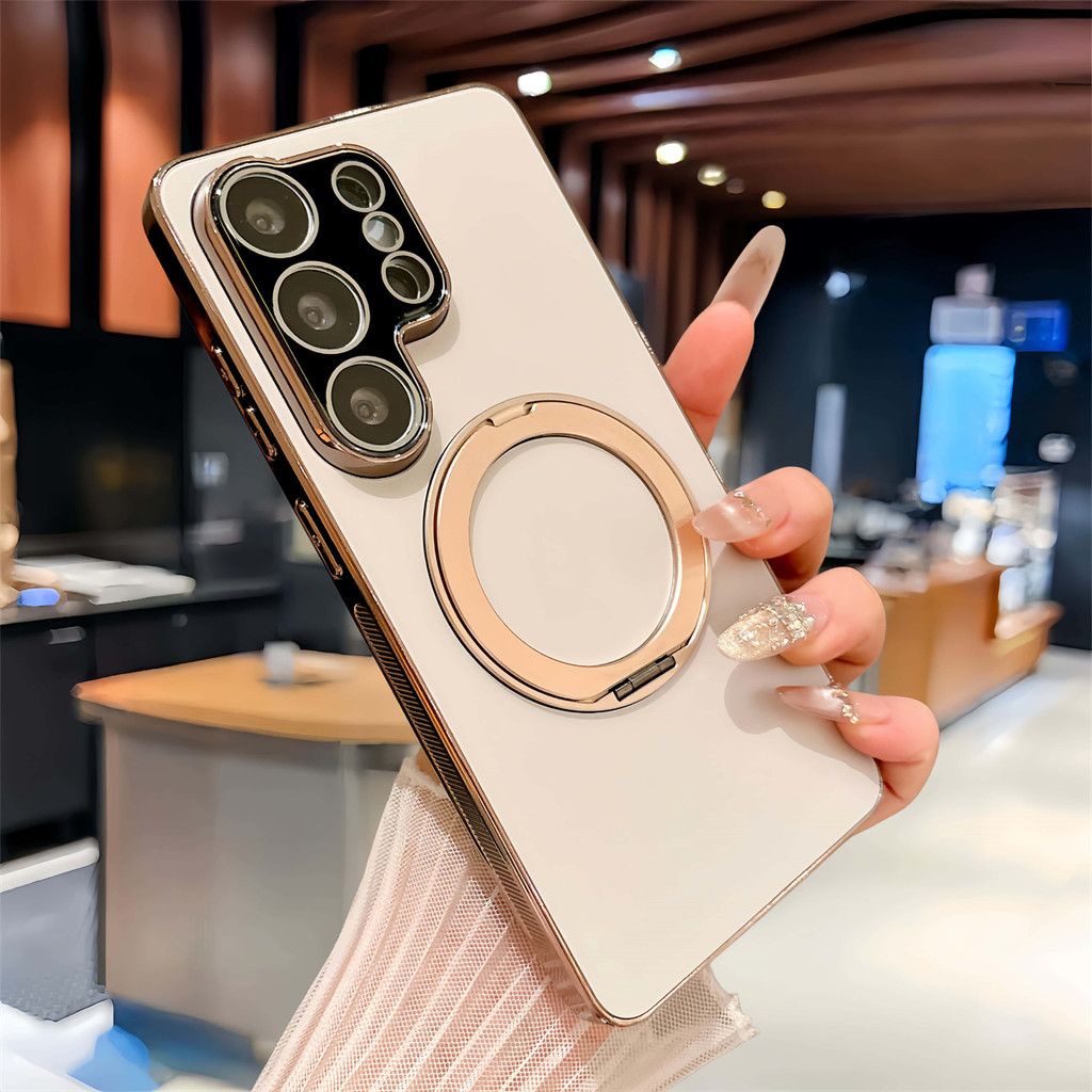 SAMSUNG หรูหรา 360 หมุนวงเล็บเคสโทรศัพท์แม่เหล็กสําหรับSamsung Galaxy S24 S25 S26 Ultra S25 + FE S26 Plus AG Frosted Hardปลอกชุบกันกระแทก