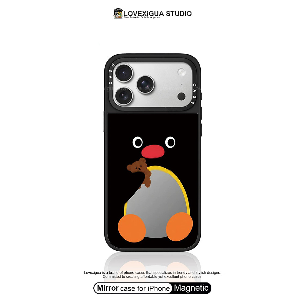 น่ารักเพนกวินกระจกแม่เหล็กเคสโทรศัพท์สําหรับ iPhone 17Pro Max 17 Air 16 15 14 13 Pro Max กันกระแทกป้องกันกรณีฝาครอบ