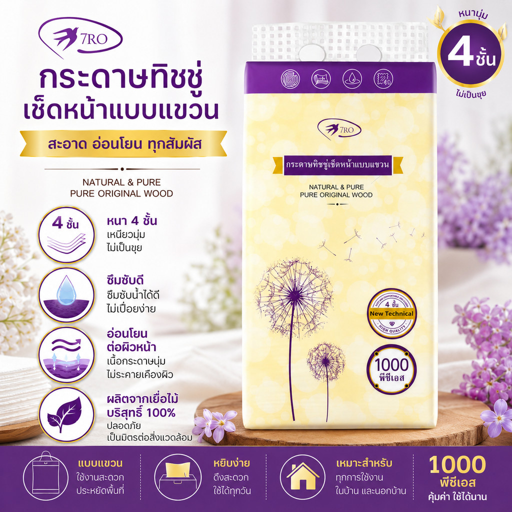 7RO กระดาษทิชชู่แบบแขวน 1000 แผ่น 4 ชั้น เนื้อนุ่ม ซึมซับดี ไม่เป็นขุย