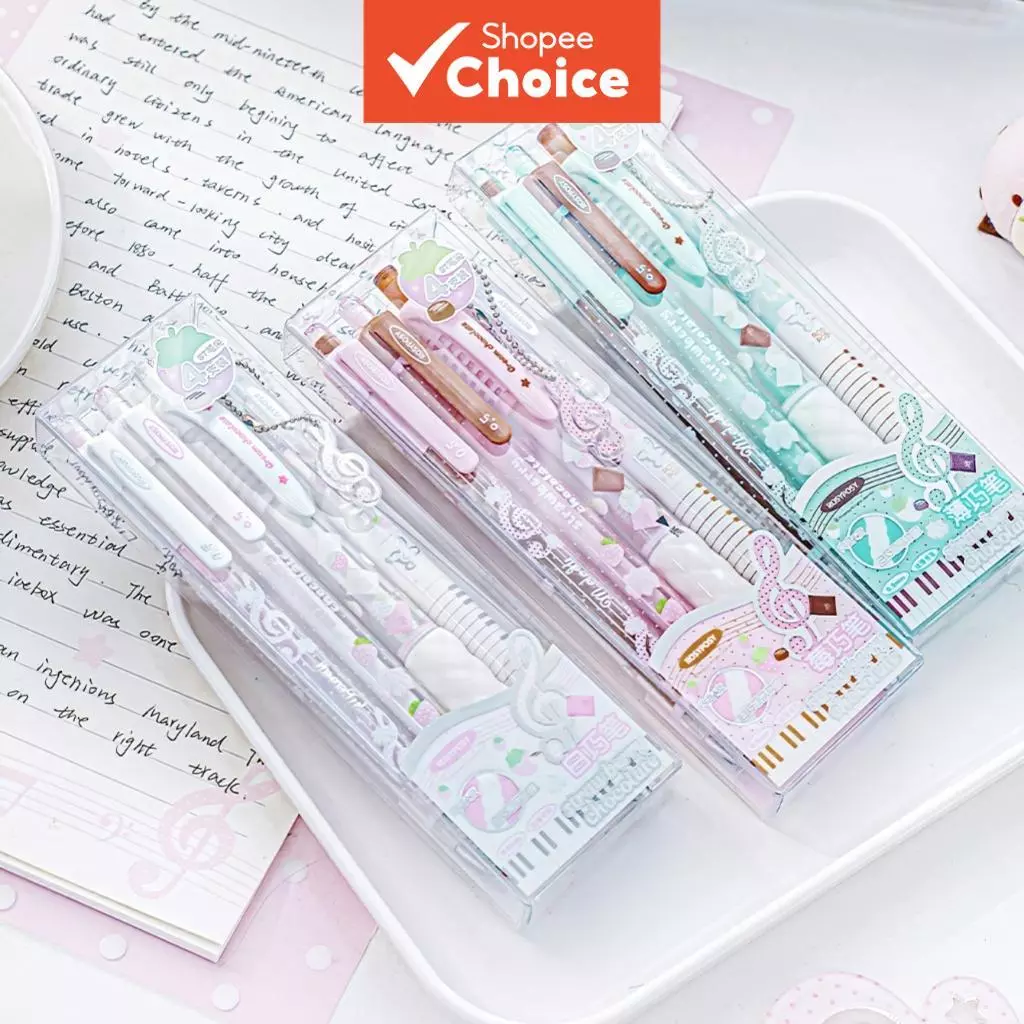 สตรอเบอร์รี่ช็อกโกแลตเจลปากกา 4 ชิ้นน่ารักปากกา Ballpen ชุด 0.5 มิลลิเมตรแห้งเร็วหมึกสีดําปากกาหดสําหรับโรงเรียนเขียนเครื่องเขียน
