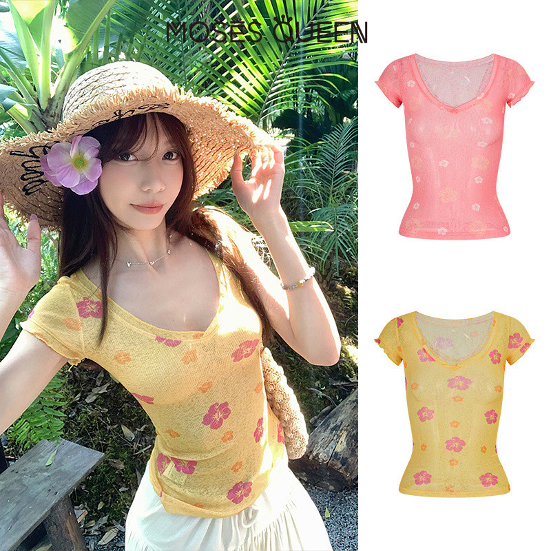 < MOSESQUEEN > มอสส์ ราชินี เสื้อเชิ้ตแขนสั้นลายดอกไม้สีชมพูช่วงวันหยุดสไตล์ฝรั่งเศสพร้อมเสื้อยืดคอปกคอวีและสัมผัส #63693